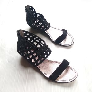 LOFT cut-out ankle wrap caged black wedge sandals